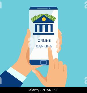 Concept for banking and payment online. Vector of a man using smartphone app to manage bank account online Stock Vector