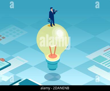 Vector of a businessman standing on a light bulb looking into telescope Stock Vector