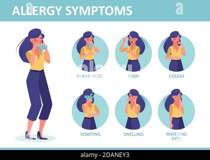 Allergy symptoms infographic. Vector of a woman with allergy symptoms