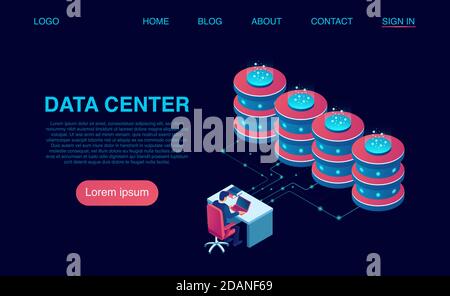 Vector of a man working on laptop computer in a data center server room with big servers Stock Vector