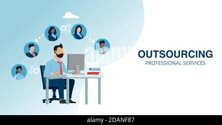 Vector of a businessman sitting at desk working on laptop connecting online with team of freelancers,  outsourcing work Stock Vector