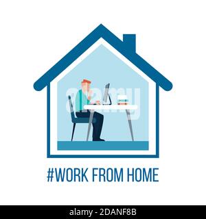 Vector of a young man working on his computer online from home Stock Vector