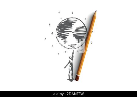 HCI, automation, technology, globally, world, data concept. Hand drawn isolated vector. Stock Vector