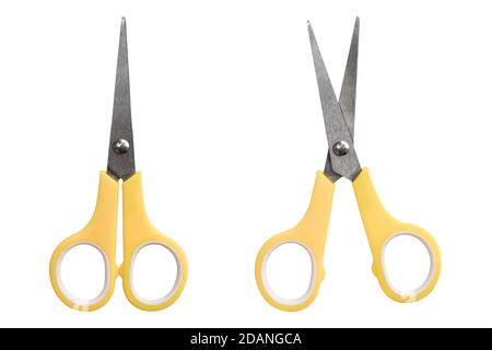 Yellow scissors of plastic handles, Isolated on white background. Object with clipping path. Stock Photo