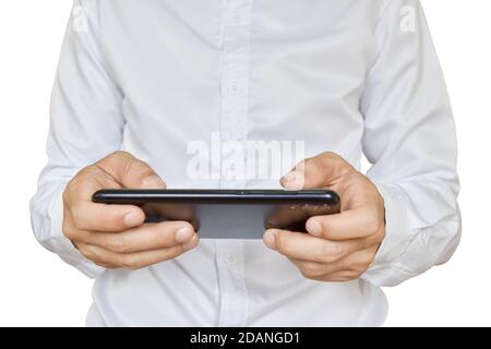 Close up of man using mobile smartphone isolated on white background. with clipping path. Stock Photo