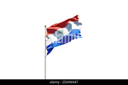 Beautiful national state flag of Paraguay fluttering at sky background. Low angle close-up Paraguay flag 3D artwork. Stock Photo
