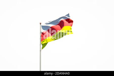 Beautiful national state flag of North Ossetia on white background. Isolated close-up North Ossetia flag 3D artwork. Stock Photo