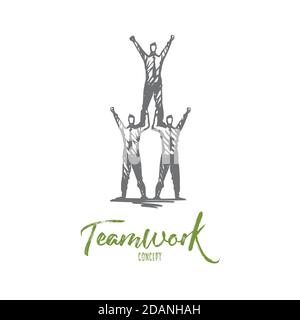 Teamwork, team, leadership, growth, effort concept. Hand drawn isolated vector. Stock Vector