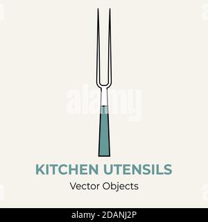 Meat fork vector isolated illustration. Vector line illustration icon menu banner flayer. Kitchen cutlery meat fork logo Stock Vector