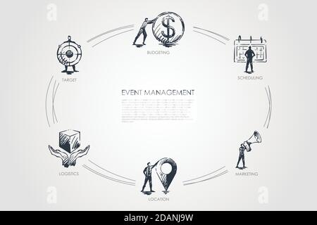 Event management - budgeting, scheduling, marketing, location, logistics set concept. Stock Vector