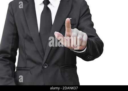 Business man's hand touching virtual screen isolated on white background. Selective focus on the finger. Stock Photo