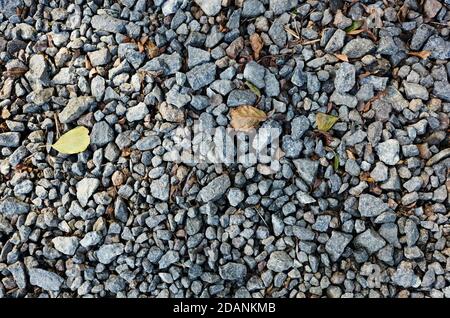 Grey ground stone rubble road background. Natural gray granite chippings, macadam, rubble or crushed stones texture, top view Stock Photo