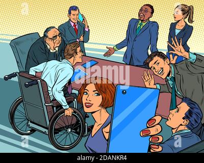 Business meeting. Colleagues of different races, disabled people work in the office and take photos Stock Vector