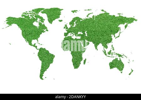 world map in green lawn isolated on white background Stock Photo
