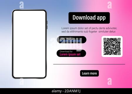 Page banner advertising for downloading an app for mobile phone. Download buttons with scan qr code template. Stock Vector