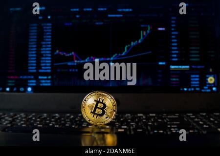 A bitcoin coin on the background of a chart displaying the price on a currency exchange or Forex. Bitcoin exchange rate, electronic money or currency. Stock Photo