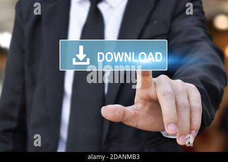 Businessman hand pushing web download icon on virtual touchscreen interface. Stock Photo
