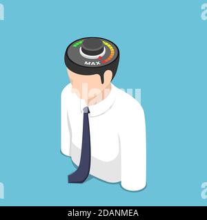 Flat 3d Isometric Busienssman with Meter at Max Position on His Head. Motivation and Idea Concept. Stock Vector