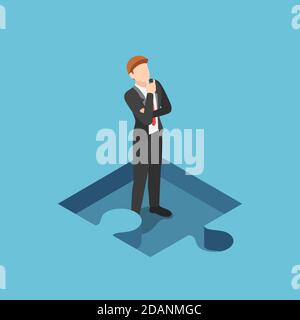 Flat 3d Isometric  Businessman Standing and Thinking in the Missing Part of Jigsaw Puzzle. Business Solution Concept. Stock Vector