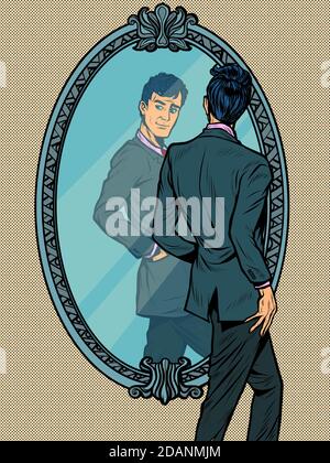 A man in a suit looks in the mirror, Narcissus Stock Vector