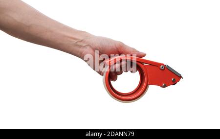 Hands holding a masking tape isolated on a white background. with clipping path. Stock Photo