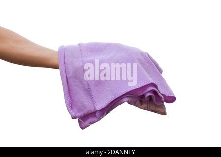 Purple cloth in hand isolated on white background with clipping path. Stock Photo