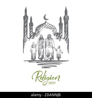 Religion, family, muslim, arabic, islam, mosque concept. Hand drawn isolated vector. Stock Vector
