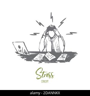 Businessman, work, stress, financial report concept. Hand drawn isolated vector. Stock Vector