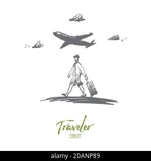 Traveler, walking, suitcase, airport concept. Hand drawn isolated vector. Stock Vector