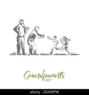 Grandparents, grandchildren, family, generation concept. Hand drawn isolated vector. Stock Vector