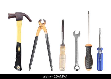 DIY tools old repairing, Isolated on white background. Object with clipping path. Stock Photo