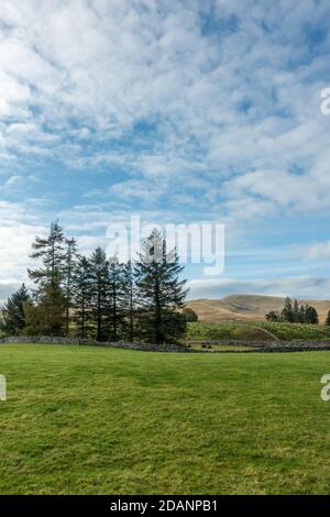 UK landscape: Cumbrian views of farmland in Ravenstonedale towards The Howgills mountains, Cumbria Stock Photo