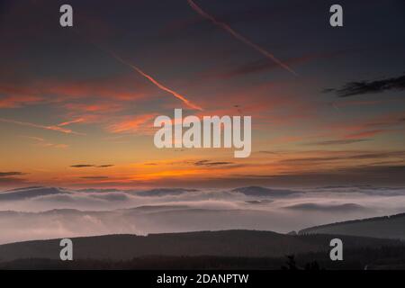 Dawn over fog shrouded hills, Clwydian Range, North Wales Stock Photo
