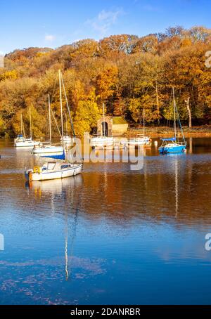 Rudyard Lake reservoir in the Staffordshire Moorlands near Leek seen with sailing boats moored in the Autumn  Autumnal colours in the woodland trees Stock Photo