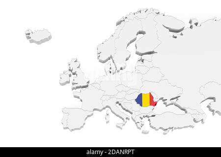 3D Europe map with marked borders - area of Romania marked with Romania flag - isolated on white background with space for text - 3D illustration Stock Photo