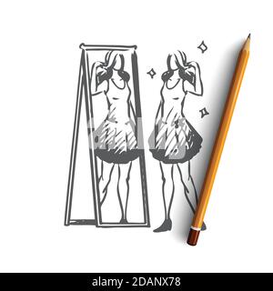 Mirror, woman, reflection, clothing, attractive concept. Hand drawn isolated vector. Stock Vector