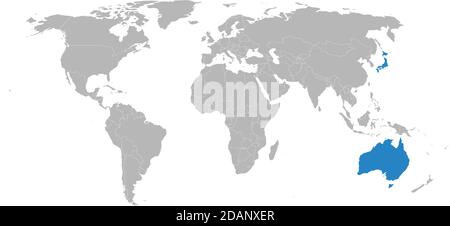 Australia, Japan countries isolated on world map. Light gray background. Business concepts, diplomatic, trade and transport relations. Stock Vector