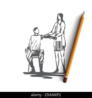 Man, arm, prosthesis, bionic, technology concept. Hand drawn isolated vector. Stock Vector