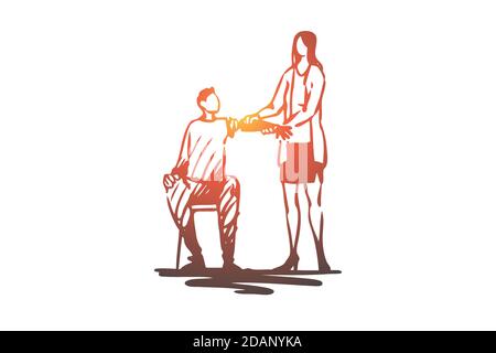 Man, arm, prosthesis, bionic, technology concept. Hand drawn isolated vector. Stock Vector