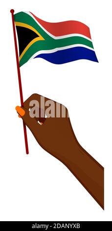 Female hand gently holds small flag of south africa. Holiday design element. Cartoon vector on white background Stock Vector