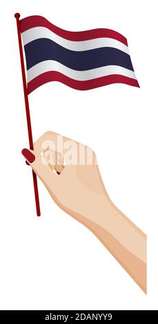 Female hand gently holds small flag of Kingdom of Thailand. Holiday design element. Cartoon vector on white background Stock Vector