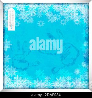 Winter window with frost effect on glass and handprints. Festive background for winter design. Background color in separate layer. Vecor Stock Vector