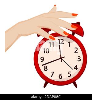 woman hand turns off the alarm. Fatigue and insomnia. Time to wake up concept. Cartoon vector Stock Vector