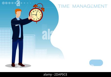 man holding alarm clock in his hands. Time management concept. Life of modern person in big city. Vector Stock Vector