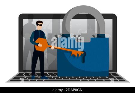 criminal, thief trying to open lock of locked computer with key. Cybersecurity and digital crime. Safe storage of data in Internet. Vector Stock Vector