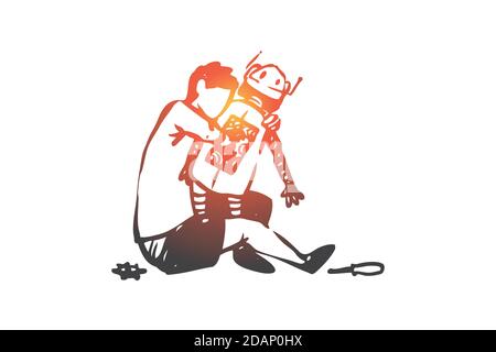 Robot, boy, play, mechanical, innovation concept. Hand drawn isolated vector. Stock Vector