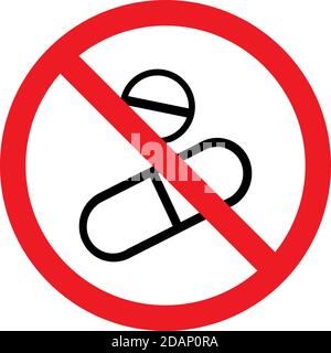 Ban tablet sign. Medical pills prohibited symbol. Red background. Perfect for backgrounds, backdrop, sticker, label, sign, icon, symbol, poster and wa Stock Vector