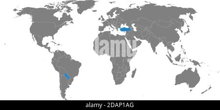 Paraguay, Turkey countries isolated on world map. Light gray background. Business background concepts. Stock Vector