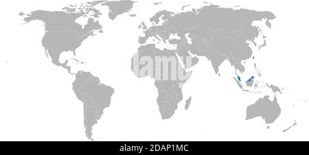 Malaysia, Taiwan countries isolated on world map. Light gray background. Business concepts, political, economic, trade and transport relations. Stock Vector