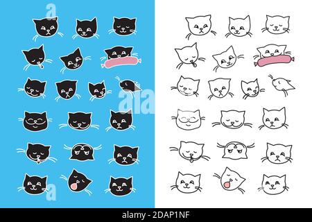 Set of cat faces,black and white style Stock Vector